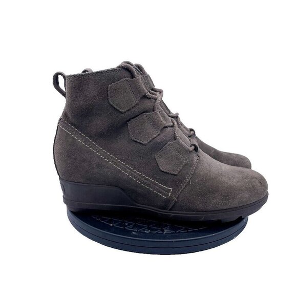 Sorel Evie Major Dark Taupe Gray Brown Lace Suede Wedge Bootie Boots 9 - Picture 1 of 9